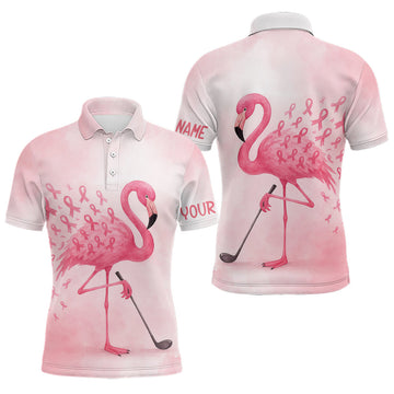 Maxcorners Watercolor Pink Flamingo ribbons Mens golf polo shirts Custom Breast Cancer Awareness men golf attire MT2108