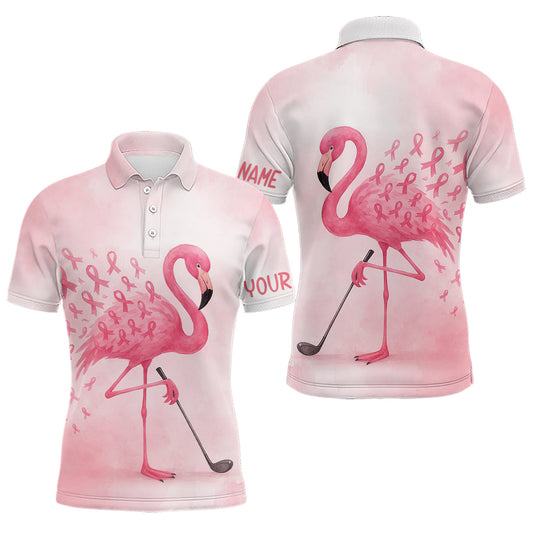 Maxcorners Watercolor Pink Flamingo ribbons Mens golf polo shirts Custom Breast Cancer Awareness men golf attire MT2108