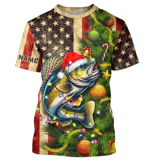 Maxcorners Personalized Christmas Walleye fishing American flag patriotic Performance long sleeve Fishing Shirts MT2108