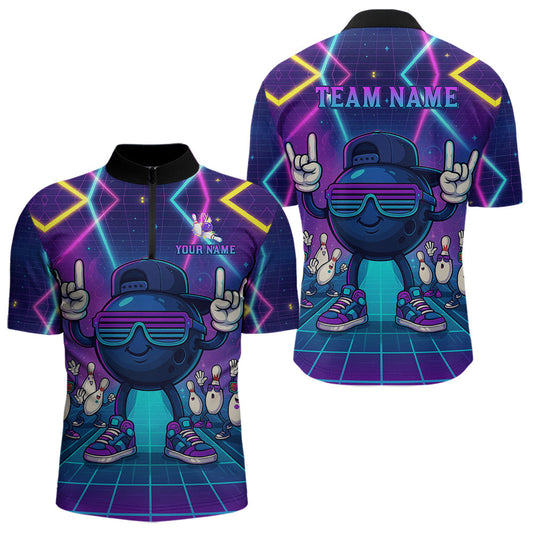 Maxcorners Purple neon stage funny Bowling polo, quarter zip shirts for Men Custom funny bowling team shirts LM2007