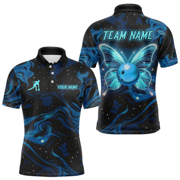 Maxcorners Blue Butterflies Bowling Polo, Quarter-Zip Shirts For Men Custom Team Bowling League Jersey LM1903