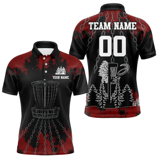 Maxcorners Black and Red Disc golf basket chain Men disc golf polo shirt custom number disc golf outfit for team MT2108