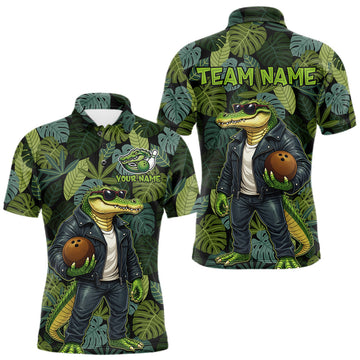 Green tropical leaf pattern Funny Alligator Bowling Shirts For Men Custom Bowling Team Jerseys LM1203