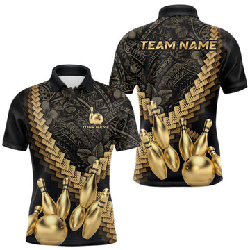 Maxcorners Custom Black and Gold tribal pattern Bowling Polo, 1/4 zip Shirts For Men, Team Bowling League jersey LM0402