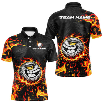 Maxcorners Funny Angry Golf Ball Golf Polo Shirts For Men Custom Black and Orange Flame mens golf apparel LM2602