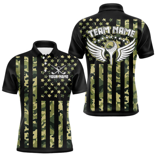 Maxcorners Black and Green Camo American Flag Golf Polo Shirts For Men Custom patriotic men's golf clothing