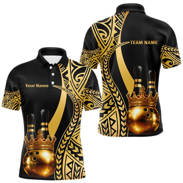Maxcorners Black and Gold crown Bowling ball pins Polo, Quarter Zip Shirts for Men Custom Bowling Team jerseys LM0402