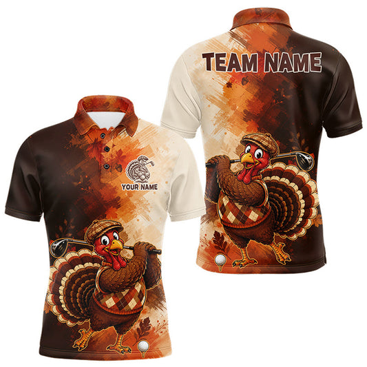 Maxcorners Personalized Vintage Autumn Men Golf Tops, Thanksgiving Turkey Golf Polo Shirt Custom Name LM0208