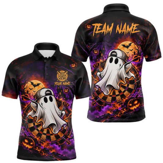 Maxcorners Halloween Ghost Playing Darts Polo 1/4-Zip Shirt For Men Custom Spooky Dart Player Tournament Jersey LM0510