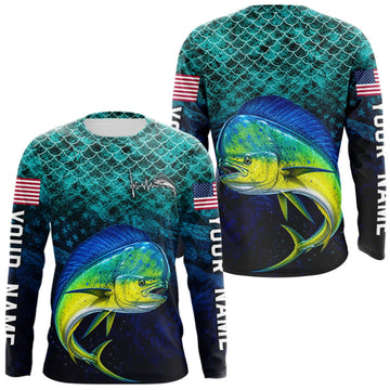 Maxcorners American Flag Mahi Mahi Fish Long Sleeve Performance Fishing Shirt Custom Angler Tournament Jersey LM0410