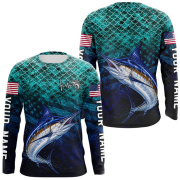 Maxcorners American Flag Marlin Fish Long Sleeve Performance Fishing Shirt Custom Angler Tournament Jersey LM0410