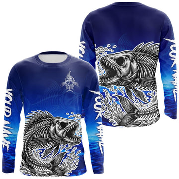 Maxcorners Personalized Fishing Fish Skeleton Fishing Shirts Long Sleeve, Ocean Wave Fishing Jersey LM1508
