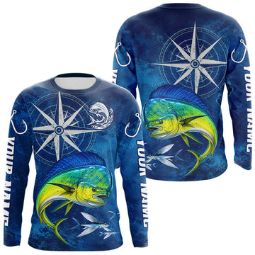Maxcorners Mahi Mahi Fishing Shirt Long Sleeve Gift For Men – Deep Sea Angler Ocean Compass Design LM0706