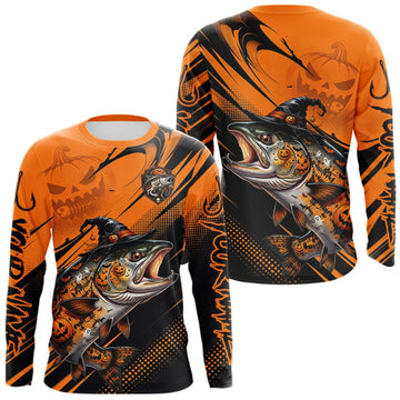 Maxcorners Halloween Salmon Fishing Shirt, Chinook Salmon Long Sleeve Fishing Jersey, Custom Angler Gift LM1508