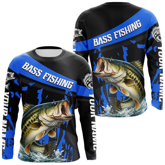 Maxcorners Custom Largemouth Bass Fishing Jerseys, Largemouth Bass Fishing Shirts Long Sleeve For Men|Blue