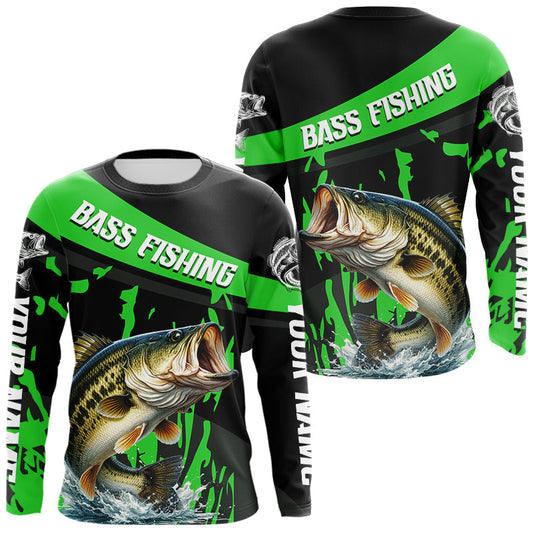 Maxcorners Custom Largemouth Bass Fishing Jerseys, Largemouth Bass Fishing Shirts Long Sleeve For Men|Green