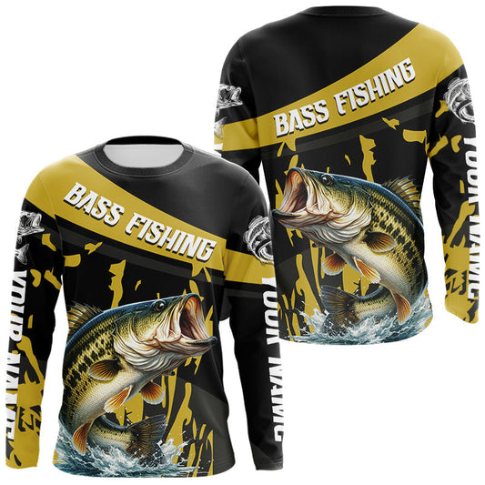 Maxcorners Custom Largemouth Bass Fishing Jerseys, Largemouth Bass Fishing Shirts Long Sleeve For Men|Yellow