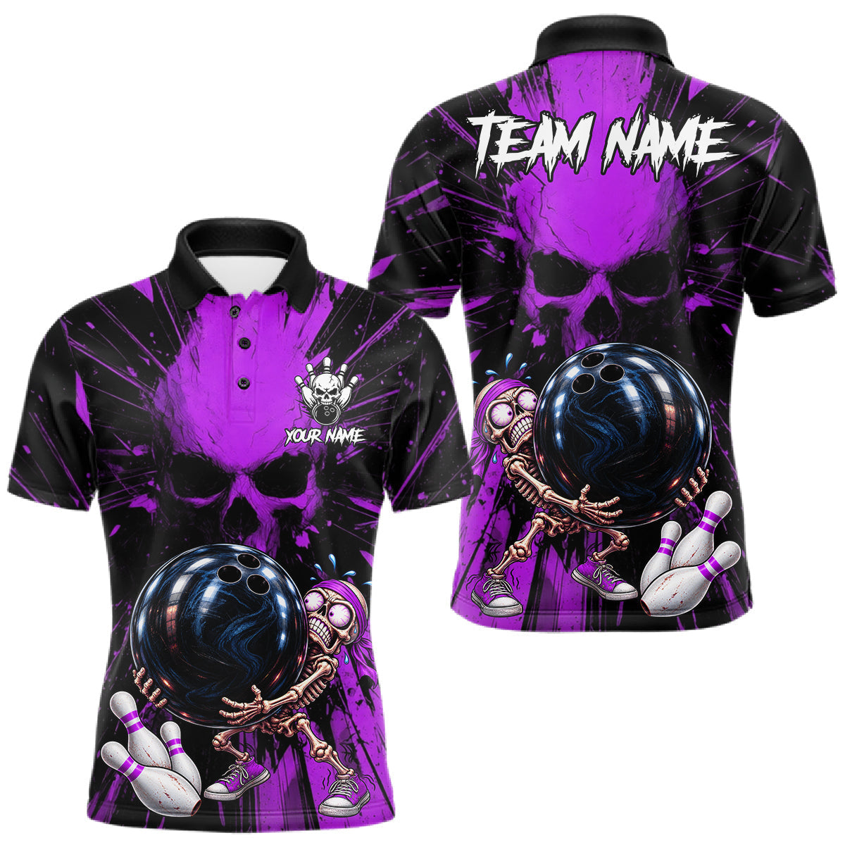 Maxcorners Funny Skull Bowling Shirt, Personalized Purple Skeleton Bowling Polo For Bowling Teams For Men