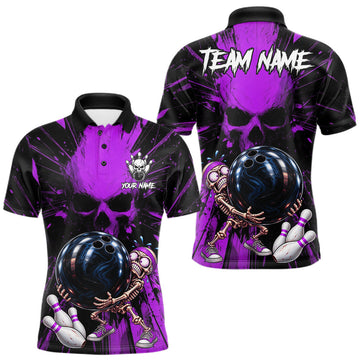 Maxcorners Funny Skull Bowling Shirt, Personalized Purple Skeleton Bowling Polo For Bowling Teams For Men