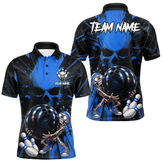 Maxcorners Funny Skull Bowling Shirt, Personalized Blue Skeleton Bowling Polo For Bowling Teams For Men