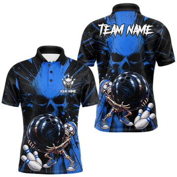 Maxcorners Funny Skull Bowling Shirt, Personalized Blue Skeleton Bowling Polo For Bowling Teams For Men