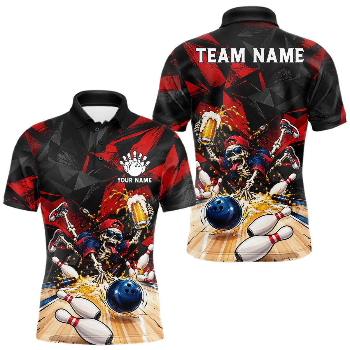 Maxcorners Personalized Bowling Shirt, Funny Skeleton Beer Bowling Shirt With Custom Team Name For Men