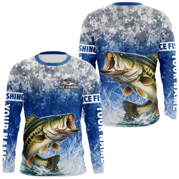 Maxcorners Ice Fishing Shirt With Largemouth Bass & Winter Camo Design, Fishing Shirts Long Sleeve For Men LM1508
