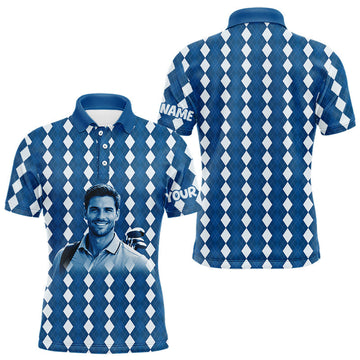 Maxcorners Mens Golf Polo Shirt Custom Photo Face Blue Argyle Plaid Pattern, Father's Day Golfing Gifts LM1104