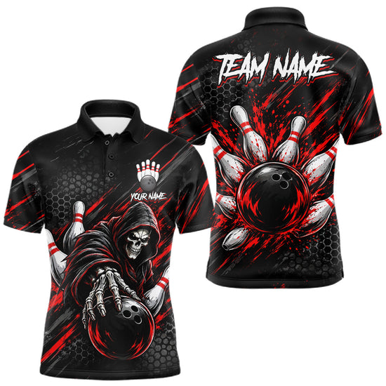 Maxcorners Custom Grim Reaper Bowling Shirt For Men, Personalized Red Paint Splatter Bowling Ball Polo