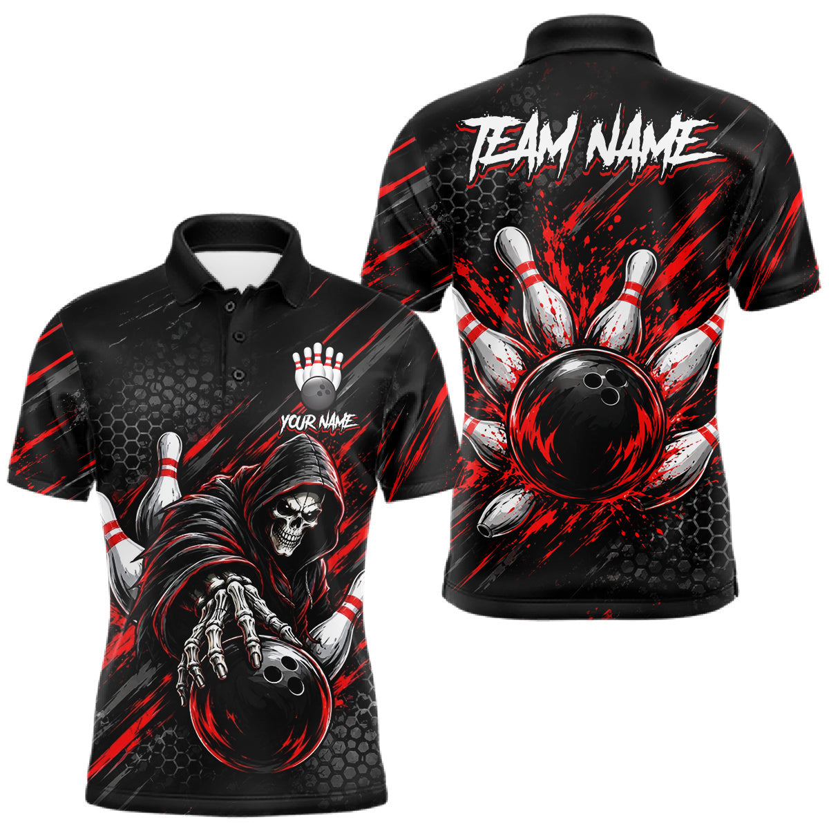 Maxcorners Custom Grim Reaper Bowling Shirt For Men, Personalized Red Paint Splatter Bowling Ball Polo