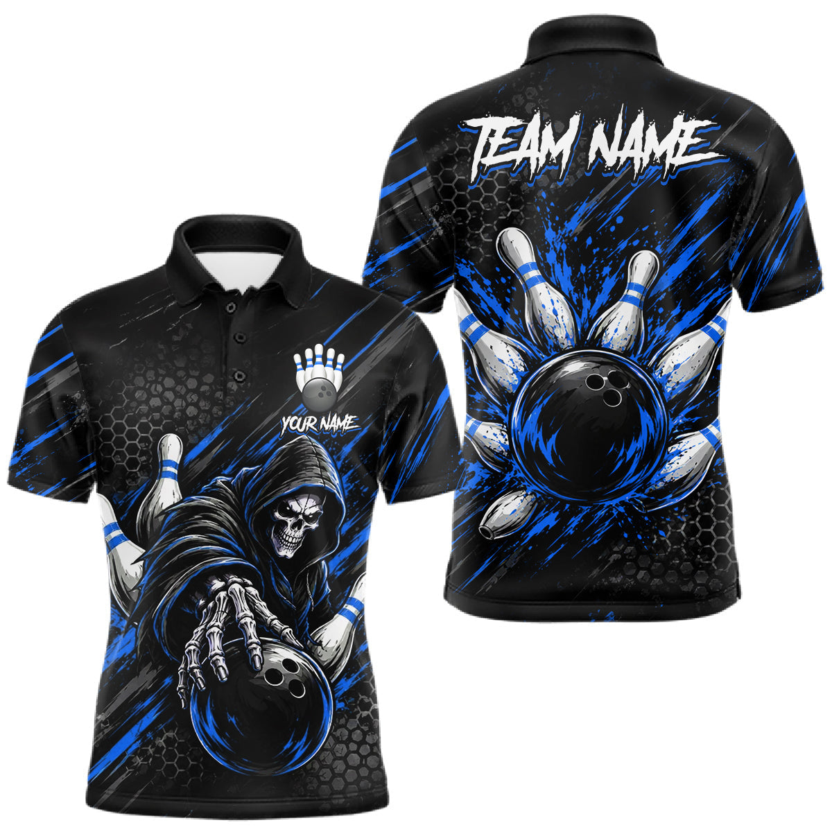 Maxcorners Custom Grim Reaper Bowling Shirt For Men, Personalized Blue Paint Splatter Bowling Ball