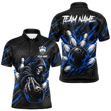 Maxcorners Custom Grim Reaper Bowling Shirt For Men, Personalized Blue Paint Splatter Bowling Ball
