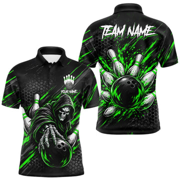 Maxcorners Custom Grim Reaper Bowling Shirt For Men, Personalized Green Paint Splatter Bowling Ball
