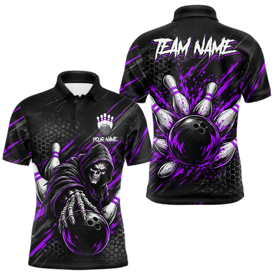 Maxcorners Custom Grim Reaper Bowling Shirt For Men, Personalized Purple Paint Splatter Bowling Ball