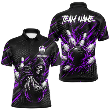 Maxcorners Custom Grim Reaper Bowling Shirt For Men, Personalized Purple Paint Splatter Bowling Ball