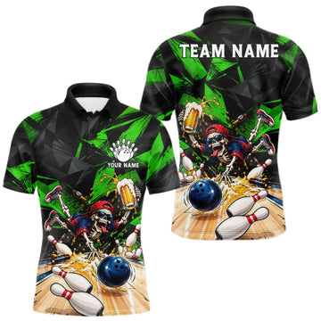 Maxcorners Funny Skeleton Beer Bowling Polo Shirt For Men Custom Green Black Team Tournament Jersey LM1910