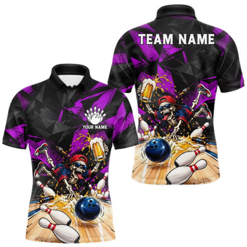 Maxcorners Funny Skeleton Beer Bowling Polo Shirt For Men Custom Purple Black Team Tournament Jersey LM1910