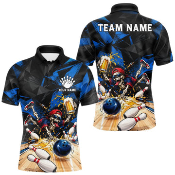 Maxcorners Funny Skeleton Beer Bowling Polo Shirt For Men Custom Blue Black Team Tournament Jersey LM1910