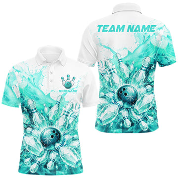 Maxcorners Ice Bowling Polo Shirt Personalized Mens Bowling Shirt Custom Name Team Bowling Outfit|Turquoise LM1508
