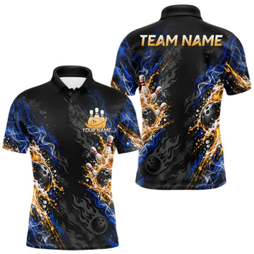 Maxcorners Blue Fire Flame Bowling Polo Shirt For Men Custom Black Team Tournament Jersey LM1910