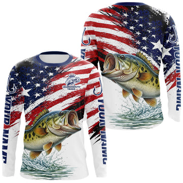 Maxcorners Personalized Patriotic Bass Fishing Shirts Long Sleeve, American Flag Fishing Jerseys For Men LM1904