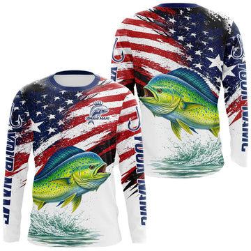 Maxcorners Personalized Patriotic Mahi Mahi (Dorado) Fishing Shirts Long Sleeve, American Flag Fishing Jerseys For Men LM1904