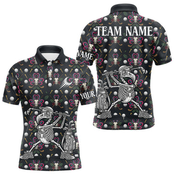Maxcorners Dark Skull Golf Polo Shirt – Gothic Skeleton Flamingo Pattern Funny Golf Shirt For Men