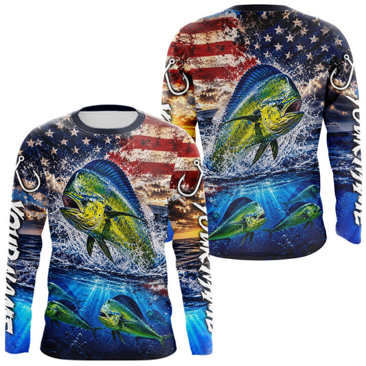 Maxcorners Personalized Dolphin Fish Patriotics Jersey Mahi Mahi Long Sleeve Fishing Shirt Apparel LM2306
