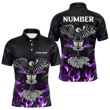 Maxcorners Personalized Mens Disc Golf Polo Shirt With Eagle Design, Customizable Name, Unisex Sports Jersey For Men | Purple LM1904