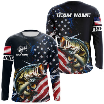 Maxcorners Bass Fishing Shirts Long Sleeve American USA Flag Camo Custom Name, Fishing Jersey For Men LM0106