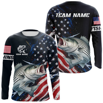 Maxcorners Striped Bass Fishing Shirts Long Sleeve American USA Flag Camo, Fishing Jersey For Men LM0106