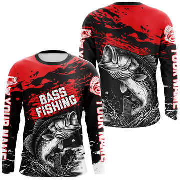 Maxcorners Custom Bass Fishing Jersey, Black And Red Bass Long Sleeve Tournament Fishing Shirts
 LM0503