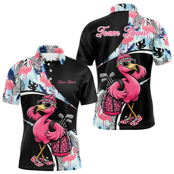 Maxcorners Funny Pink Flamingo Pattern Tropical Flamingo Golf Polo Shirt For Men, Custom Flamingo Golf Shirt For Team