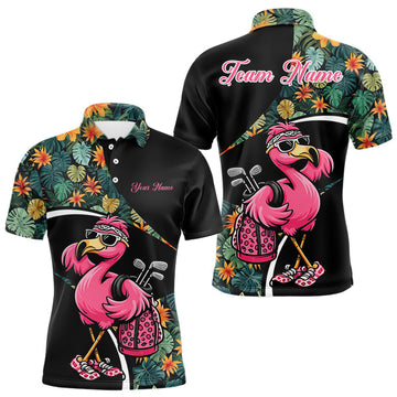 Maxcorners Funny Pink Flamingo Green Tropical Golf Polo Shirt For Men, Custom Flamingo Golf Shirt For Team